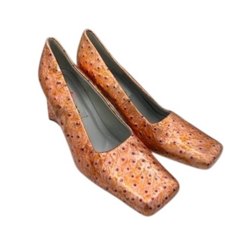 90s Bellini Women Square Toe Leather Ostrich Embossed Metallic Heels Shoes ‎ 9M